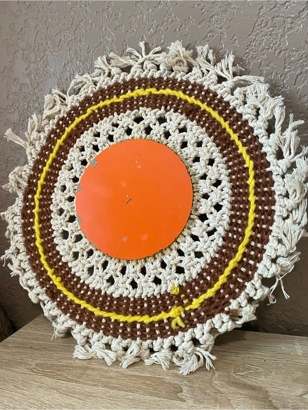 Handmade Macramé Round Wall Mirror in Cream, Brown & Yellow